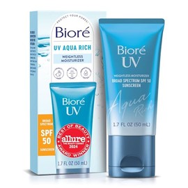 Biore UV Aqua Rich - Hidratante facial diario con SPF 50 | Protector solar e imprimación sin aceite para maquillaje con ácido hialurónico, sin yeso bl