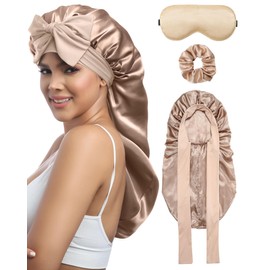 AWAYTR Long Hair Bonnet for Sleeping - Mask and Hair Scunchies Set Stain Womens Bonnet with Elastic Tie Band(Champagne)