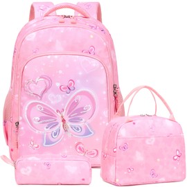Kimwadalh Butterfly Beaded Backpack for Girls Schoolbag Set Students School Bag Rucksack Bookbag Set 3 in 1 Backpack for School,Travel, Daily Use