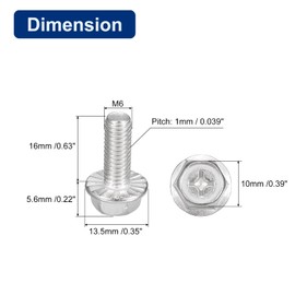 sourcing map Pack of 10 Phillips Hex Flange Bolts M6 x 16 mm 304 Stainless Steel Hexagonal Head Machines Bolts
