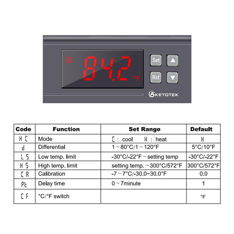 KETOTEK KT8230 Digital Temperature Controller Thermostat Regulator 120VAC 30A Fahrenheit