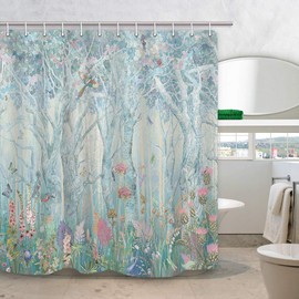 DYNH Enchanted Forest Shower Curtain, Vibrant Fairytale Woodland Jungle with Tree Bird Flowers Plant Fabric Christmas Curtains for Bathroom, Bath Drapes Accessories with Hooks, 69X70IN