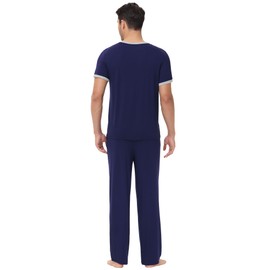 WiWi Mens Pajamas Set Short Sleeve Sleepwear Knit Nightwear 2 Pieces Viscose from Bamboo Loungewear Sets S-XXL, Navy, Small