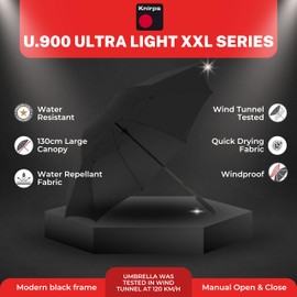 Knirps U.900 Ultra Light XXL Manual Open Close Rain Umbrella with Non Slip Handle - Windproof Travel Cane Umbrella - Manual Open Close Rain Umbrella for Adults - 130cm Diameter Stick Umbrella, Black