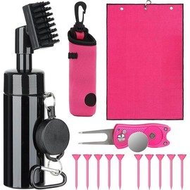 Golf Club Cleaning Kit with Golf Club Cleaner with Water Golf Towel Divot Repair Tool Groove Sharpener Golf Ball Alignment Kit Complete Golf Cleaning Kit Golf Accessories for Women Men - Colour: pink
