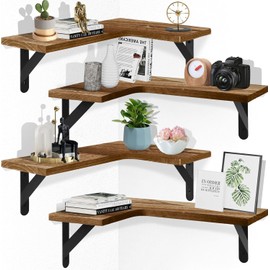 Gabotrie Corner Floating Shelves Set of 4,L-Shaped Wall Mounted Shelf,Rustic Wood Corner Shelvesfor Wall Storage and Decor,Wall Mounted Wood Shelves for Kitchen Living Room Bedroom,Light Brown
