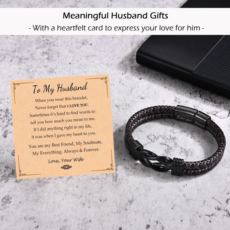 ITESSY Gifts for Husband, Infinity Knot Brown Braided Leather Stainless