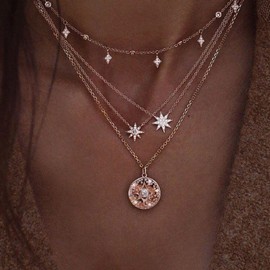 Cliory Star Rhinestone Necklace Coin Pendant Choker Boho Layered Necklace Multilayer Necklace Fashion Jewelry for Women