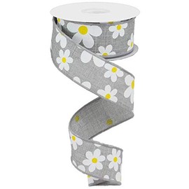 Daisy Flower Canvas Wired Edge Ribbon, 10 Yards (Light Grey, 1.5")
