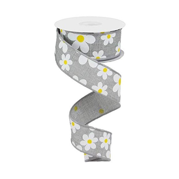 Daisy Flower Canvas Wired Edge Ribbon, 10 Yards (Light Grey,
