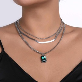 Dervivea Boho Layered Emerald Pendent Necklace Geometric Emerald Necklace Emerald Square Necklace Cz Emerald Choker Necklace Silver Snake Chain Necklace Vintage Curb Chain Necklace Jewelry for Women