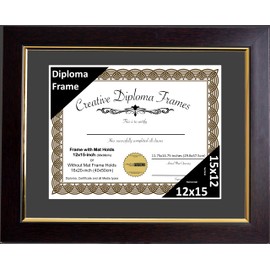 Creative Picture Frames 12x15 Mahogany Diploma Frame with Gold Rim Including Black Mat Glass and Installed Wall Hangers | Frame Holds 16x20 Media without Mat