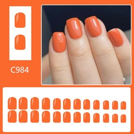 Orange Press on Nails Short Square Stick on Nails with Solid Color Design Glossy Orange Red Fake Nails Artificial Acrylic False Nail Reusable Full Cover Glue on Nail for Women Girls Manicure 24Pcs