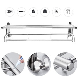DNYSYSJ Towel Rack Adjustable Dual Towel Shelf with Double Bar Wall Mounted Stainless Steel Bath Towel Shelf Rack with Hooks