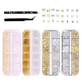 4 Boxes Nail Charms Set - 48 Types Gold & Silver 3D Nail Art Charms (Butterflies, Flowers, Beads etc.) + Tweezers & Pen - For DIY Gel & Acrylic Nails | Ideal for Nail Studio & Home