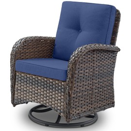 Patio Furniture Swivel Glider PE Wicker Chair, Outdoor Swivel Rocker Seating with Cushions for Porch Deck Balcony, Brown Wicker Blue Cushion