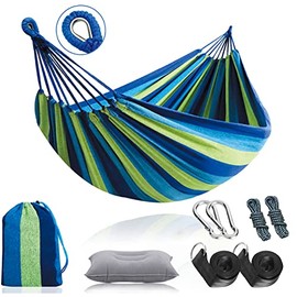 KaiSun Cotton Double Hammock Portable 2 Person Durable Extra Large Canvas Hammock with Inflatable Pillow, 2 Tree Straps and Travel Bag, Perfect for Camping Outdoor/Indoor Patio Backyard（ Max 550lb）