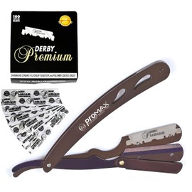 Promax Care Professional Barber Straight Edge Razor Safety with 100-Pack Derby Blades - 100 Percent Stainless Steel (PURPLE)