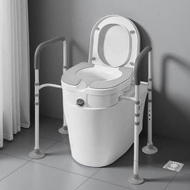 Raised Toilet Seat with Handles– 4-Legged Adjustable Toilet Riser for Seniors, Thickened Aluminum Alloy Frame, Non-Slip Safety Rails, Enhanced Stability (Grey & White)