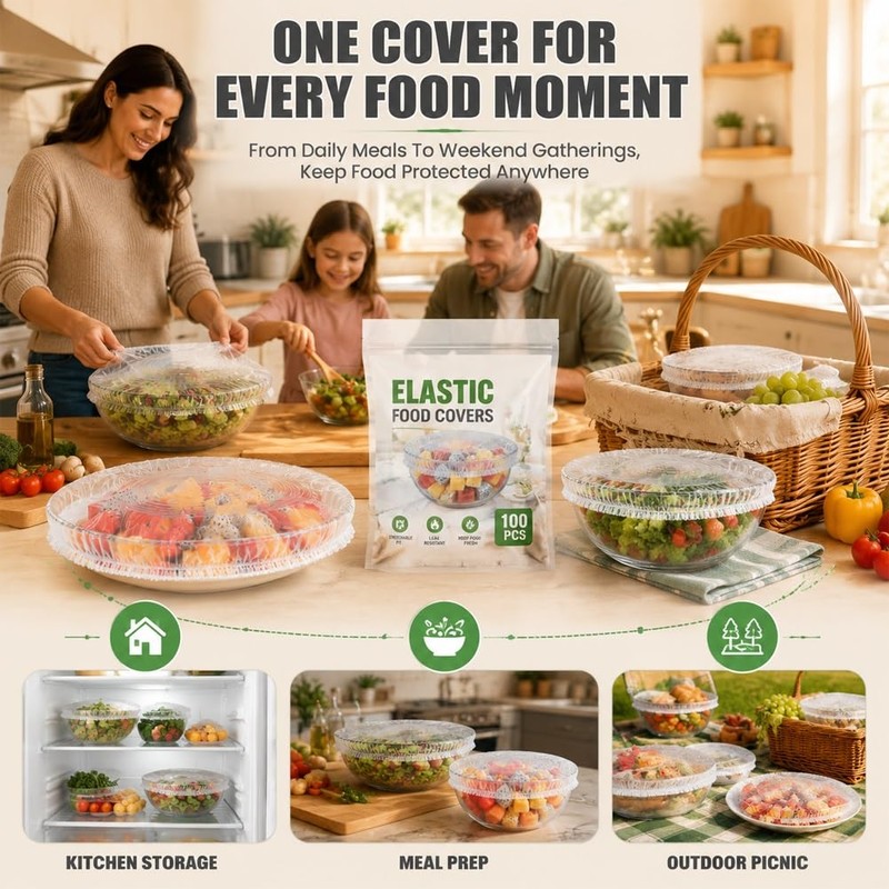 100PCS Disposable Elastic Stretch Food Covers, Reusable Plastic Bowl Covers