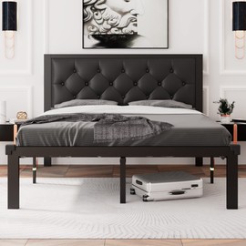 Feonase Full Size Metal Bed Frame with Faux Leather Button Tufted Headboard, Heavy-Duty Platform Bed Frame with 12" Storage, Steel Slats Support, No Box Spring Needed, Noise Free, Black