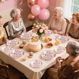 Grencian 96 Pcs 65th Birthday Party Supplies for Women Rose Gold 65 Years Old Paper Plates and Napkins Tableware Set Disposable 65th Birthday Decorations for Ladies Women 65 Years Old Party Serves 24