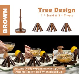 Sansnow Wooden Tree Shape Trivet Set, Bamboo Trivet Set with Organizer Rack Coaster Home Decor, Creative Housewarming Gift，Brown