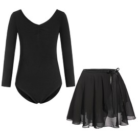FONLAM Girl Ballet Leotard Dress Ballet Skirt Dance Gymnastics Leotard Girl Kid Two-Piece Outfits Dancewear Long Sleeve (Black, 5-6 Years)