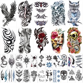 42 Sheets Temporary Tattoos Stickers (Include 10 Sheets Large Stickers), Fake Body Arm Chest Shoulder Tattoos for Men and Women