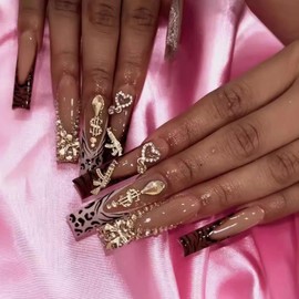 MISUD Press on Nails - Extra Long Square Glue on Nails with Fall Brown, Acrylic Money Charms Design 24 pcs