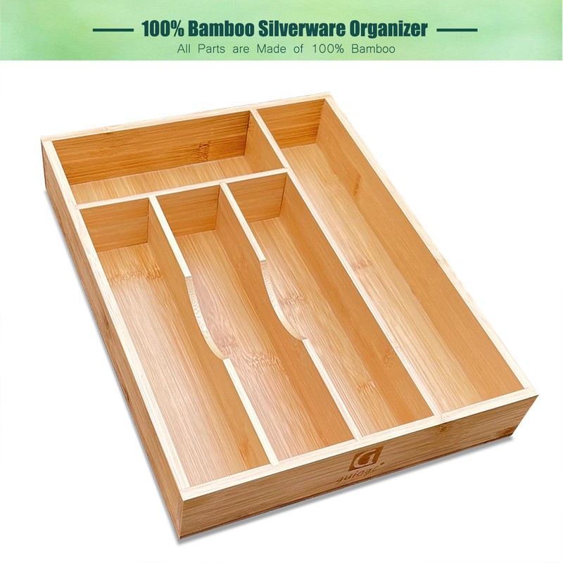 guiogc Bamboo Silverware Drawer Organizer, Silverware Organizer, Silverware Utensil Tray