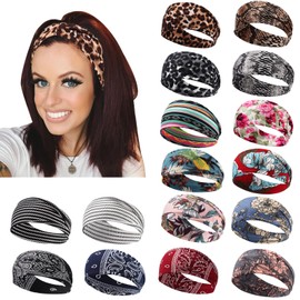 DRESHOW Yoga Running Leopard Headbands for Women Elastic Non-Slip Headbands Sports Workout Hair Bands 16 Pack