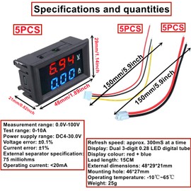 HUAZIZ Pack of 5 0.28 Inch Digital Voltmeter, DC 100 V 10 A, Voltmeter Ammeter with Shunt, Multimeter, 2 in 1 Panel Amp Voltage Current Meter Tester