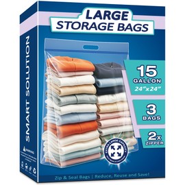 15 Gallon Large Resealable Storage Bags with zipper Top，24" x 24" Heavy Duty Clear Bags with Handles, 4 Mil Thick - Perfect for Clothing, Pillows, Travel, and Moving (3-Pack)