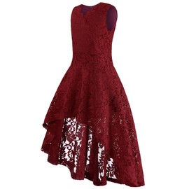 Girls Floral Lace Dress Easter Bridesmaid Vintage Formal Cocktail Party Swallowtail Swing Dresses 7-14 Years(Burdungy Lace,7-8T)