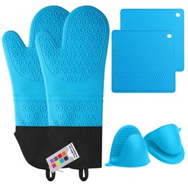 Silicone Oven Mitts and Pot Holders Set, MTZRFLL Extra Long Heat Resistant Oven Gloves with Hot Pads and Mini Oven Mittens for Grilling, Kitchen Cooking Baking, Soft Quilted Lining, Pack of 6 (Blue)