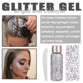 EONFAVE Body Glitter Gel, Face Body Glitter Make-Up Face, Liquid Sequins Chunky Glitter for Body and Hair, Clothing Decoration, Feminine Festival Make-Up Sequins and Accessories (102# Silver)
