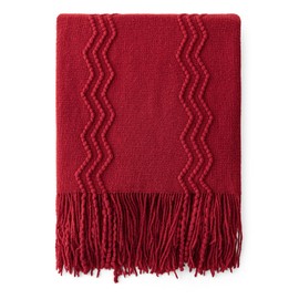 MIULEE Christmas Burgundy Red Knitted Throw Blanket for Couch Textured Knit Blanket with Tassels Cozy Woven Boho Bed Blanket for Sofa Bed Chair Acrylic Wave Pattern 50"x60"