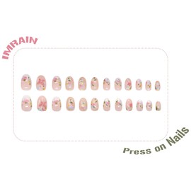 IMRAIN Press on Nails - Pearl & Flower | Short Oval Fake Nails | Full Cover Glossy French Tips Glue on Nails 24Pcs