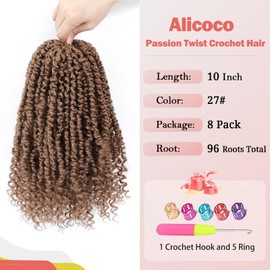 Alicoco Passion Twist Crochet Hair 10 Inch Passion Twist Hair Pre Looped 8 Packs Spring Twist Crochet Braids with Curly Ends Pre-Twisted Crochet Hair for Women (27#)