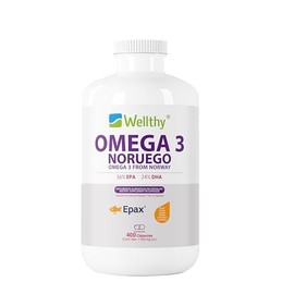 Wellthy Omega 3 Salmón Noruego Epax® 400 Cápsulas. El aceite de pescado Epax® está ultraconcentrado en omega 3 con un 36% de EPA y un 24% de DHA. Cápsula de Gelatina Blanda.