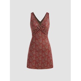 CIDER Women's Summer Sleeveless V Neck Floral Sundress Cute Mini Dress Carmine