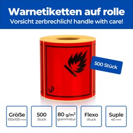 MD Labels 500 Dangerous Goods Labels 100 x 100 mm - Class 3 - Flammable Liquid Materials - Flammable Liquid Sticker - Transport Sticker - Dangerous Goods Sticker