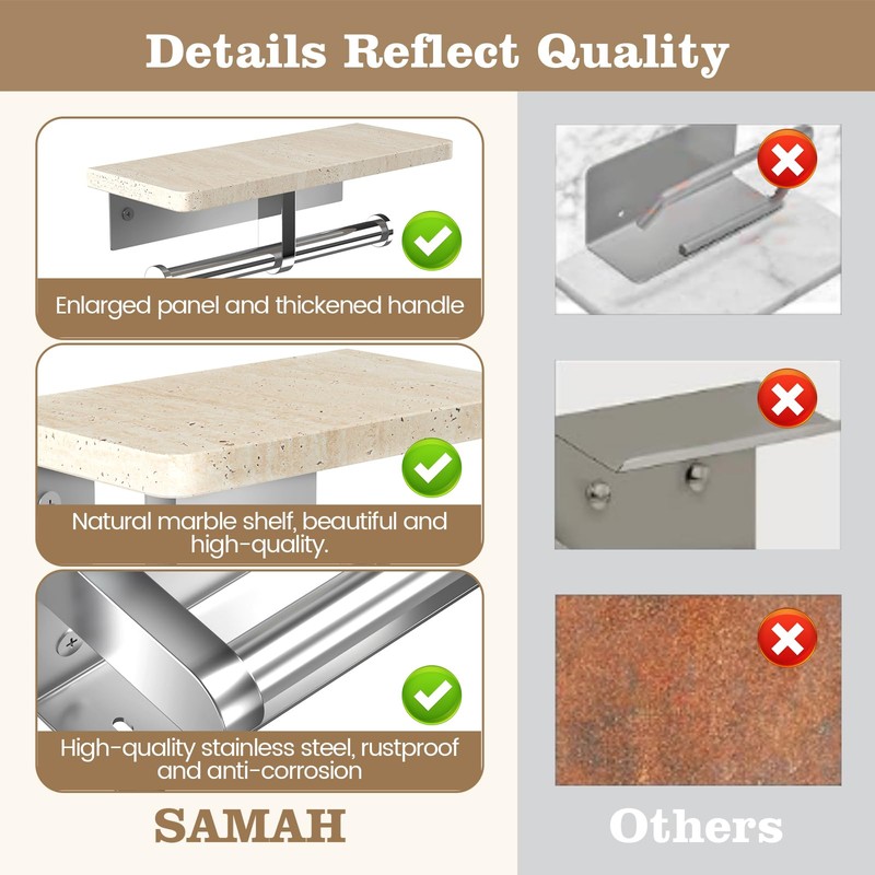 SAMAH Marble Double Toilet Paper Holder with Shelf, 304 Stainless