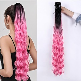 Ponytail Extension Synthetic Loose Wavy Clip in High Ponytail for Women Seamless 80cm Thick Ponytail Hairpiece (Black/Pink)