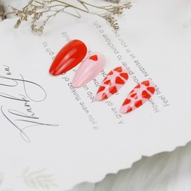Valentine's Day Press on Nails Medium Coffin Fake Nails Glue on Nails with Nail Adhesive Red Heart Almond Shape Heart Exquisite Design Stick on Nails for Women and Girls 24Pcs