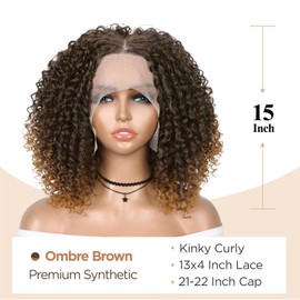 FANCEE Kinky Curly Bob Wig 13x4x1 Inch HD Lace Front T Part Wig for Black Women Short Synthetic Ombre Brown Afro Coily Wigs Natural Hairstyle(Ombre Brown,15 Inches)
