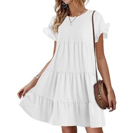 Chuanqi Womens Ruffles O Neck Babydoll Tiered Loose Swing Short T-Shirt Mini Dress Z-White