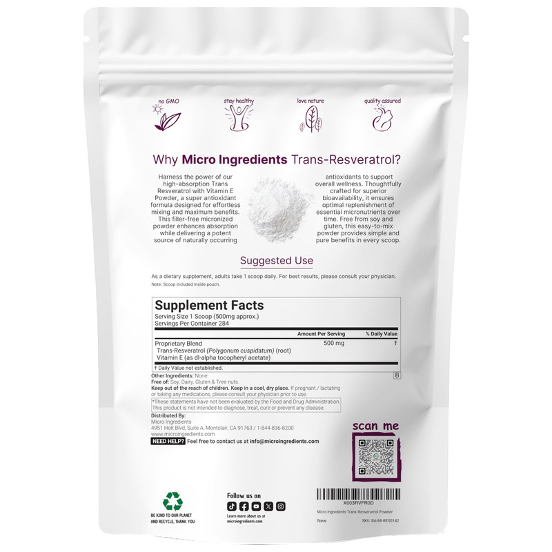 Pure Trans-Resveratrol Powder with Vitamin E, 5 Ounce, 2 in