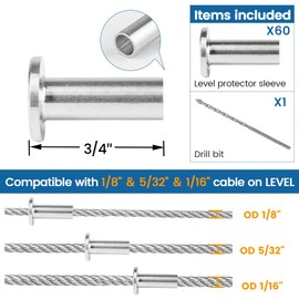 Muzata 60Pack Cable Railing Kit Protective Protector Sleeves Grommet for Wood Posts for 1/8" 5/32" 3/16" Wire Rope T316 Stainless Steel Cable Deck Hardware CR88